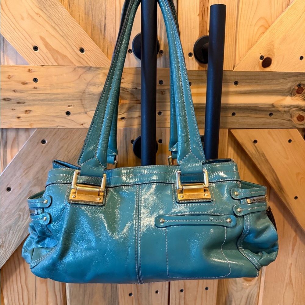 B. Makowsky Shiny Teal Shoulder Bag